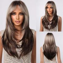 Vidutinio ilgio sluoksniuotų plaukų perukai Šviesūs Golden Ombre sintetinis perukas su kutais moterims Cosplay Color Wigs karščiui atsparūs plaukai gray