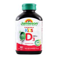 Jamieson vaikams kramtomosios vitamino D tabletės, 400 TV, braškių skonio, 100 tablečių, 1 vnt.