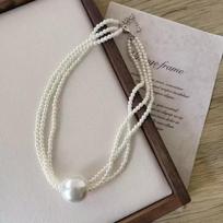 JMXD-Fashion Multilayer Glass Pearl Necklace Big Pearl Temperament Spring and Summer Necklace Clavicle Chain gray