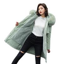 Winter Plus Size Jacket Women Long Sleeve Knee Length Thick Plush Furry Hood Pockets Zipper Button Closure XL žalia