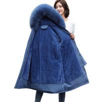 Winter Plus Size Jacket Women Long Sleeve Knee Length Thick Plush Furry Hood Pockets Zipper Button Closure XXXXL mėlyna