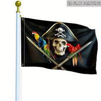 2D Flat, Summer Flag, Outdoor Decor Pirate Theme National Flag - 150x90cm, Durable Polyester, Single-Sided Design with Skull, Parrot, and Crossbones I 60x90cm black