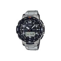 Casio Pro Trek serijos PRT Lauko Bluetooth atsparus vandeniui Kvarcinis mechanizmas Titano lydinio dirželis Laikrodis Vyriški laikrodžiai Juodas PRT-B50T-7 Silver-Black Dial gray