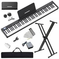 Stovas NikoMaku elektroninis pianinas 88 klavišai japoniškas užrašas MIDI suderinamas kompaktiškas lengvas plonas dizainas įkraunamas pradedančiųjų stovas minkšto dėklo pedalas juoda
