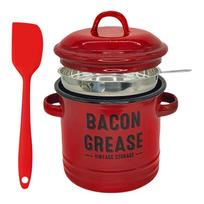 46Oz Grease Container With Strainer And Food-Grade Silicone Spatula, Vintage Kitchen Enamel Oil Can For Cooking Frying, Baking, Storage Recycling One Size raudona