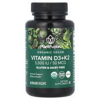 PlantFusion, ekologiškas veganiškas vitaminas D3+ K2, 5000 TV/50 mcg, 60 ekologiškų daržovių kapsulių