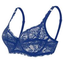 Plus Size Lace Ultra-thin Push Up Bra Women Sexy Hollow Out Lingerie Lady Lace Transparent Underwear Female Embroidery Solid Bra 38BC mėlyna