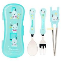 Lilpang Sanrio Ekstremalus nerūdijančio plieno valgymo lazdelių, šaukšto, šakutės dėklas 4 vnt., Pochaco, šaukštas+šakutė+korekcinės valgymo lazdelės+dėklas, 1 rinkinys, populiarus korėjietiškas stalo įrankių rinkinys white