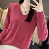 Autumn Winter V Neck Long Sleeve Cable Knit Sweater Women Top Inner Outer Wear Loose Slim Fit 2XL aviečių spalvos