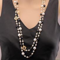 Women's Long Multi Layer Wrapped Pearl Necklace Vintage Elegant Heart Shape Crystal Sweater Chain Versatile Chic French Style black