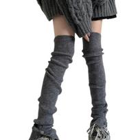 Ribbed Knitted Thigh High Footless Long Socks with Button Detail Split Designs Over Knee Leg Warmer for Dance Enthusiast gray