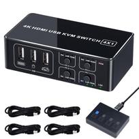 ELEVIEW KVM jungiklis 4K HDMI USB jungiklis 4 prievadai 4 dalijasi Lengvas prijungimas Nevai reikalauja tvarkyklių Rankinis jungiklis USB laidas komplekte (kompiuteriams) 4K@60Hz HDMI2.0 black