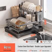 Nordic Carbon Steel Double-Layer Kitchen Dish Drying Rack black