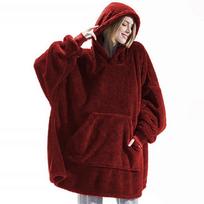 Winter Women Double-faced Fleece Hoodie Blanket Oversize Large Pocket Warm Couple Loose Sweatshirts Women And Men Robe One Size black