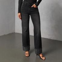 Women S Straight Leg Denim Jeans Casual Fashion Rhinestone Washed 89328 M juoda