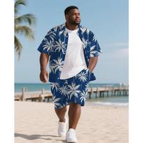 Big and Tall Men Tropical Palm Tree Print Hawaiian Shirt Shorts Set Casual 2-Piece Outfit 4XL blue