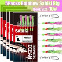 5packs Rainbow Sabiki Rig, High Carbon Steel Fishhook with Luminous Beads, High-Efficiency Mackerel and Sardine Accessories green