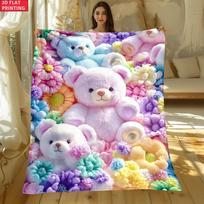 Mielas spalvingas meškiukas su gėlių raštu flanelinis pledas Super minkštas šiltas pledas sofai, lovai, vaikų miegamajam, namų dekoravimui, dovanai 40x30inch（100x75cm） white