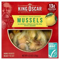King Oscar, Natural Wood-Smoked Mussels, Extra Virgin Olive Oil, Lemon Ingredients, 120g (4.23oz) brown