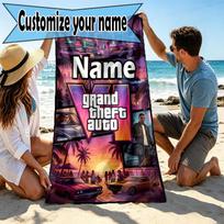 Custom Name Personalized Grand Theft Auto VI Print Beach Towel, for Trip Camping Beach Party Home Decor, Birthday Gift for Family & Friends 80cmx160cm(31x63inch)