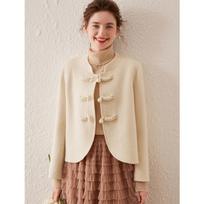 Women's Retro Chinese Style Frog Button Double-faced Wool Coat L smėlis
