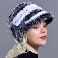 Raglaido Triušio Kailio kepuraitės Kepurės moterims Žieminės gėlėtos Real Rex Kailio kepurė Elastinės Beanies Šiltos mados moteriškos sniego kepurė LQ11205 pilka/balta