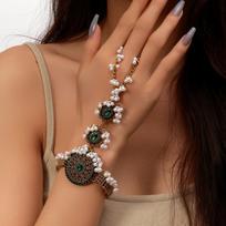 Vintage Flower Pearl Tassel Hand Chain Bracelet, Geometric Rhinestone Statement Jewelry, Boho Retro Style brown