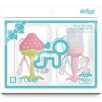 Anjou 3D strawberry teether + cat juice net set for infants, teether + juice net + 2 refills + 2 clips (random delivery) + 2 cases, mixed colors white