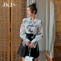 JK&JS Women's Floral Chinese Style Button-Up Top M black