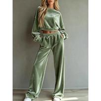 Womens Velvet Hoodie Wide Leg Pants Set 2026 Fall Winter Casual Two Piece Outfit M augalų žalia