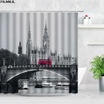Londono gatvės vaizdas Dušo užuolaidos Big Ben Raudona telefono būdelė Autobuso spaudinys Retro sienų dekoras Audinio ekranas Kabliukai Vonios užuolaidų rinkinys W60H190(CM)-1 Pcs gray