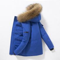 Pūkinė striukė vyriška žieminė minimalistinė vienspalvė su kailiniu apykakliu, su gobtuvu, šilta parka, kasdieniška, patogi, su baltojo ančių pūkais, vyriška XL karališkos mėlynos spalvos
