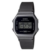 „Casio Vintage“ skaitmeninis nerūdijančio plieno tinklelio apyrankė, kvarcinis A168WEMB-1B unisex laikrodis juoda