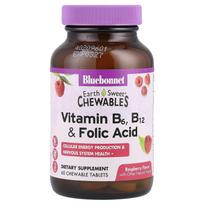 Bluebonnet Nutrition, Earth Sweet® Chewables, Vitamins B6, B12 and Folic Acid, Raspberry Flavor, 60 Chewable Tablets