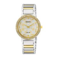 SEIKO Solar Quartz Watch, Overseas Model with Mother of Pearl Dial, Stainless Steel Band, Model SUP454P1, Women's white