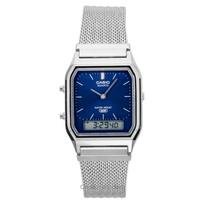 Casio Vintage Analoginis Skaitmeninis Nerūdijančio Plieno Tinklelio Apyrankė Mėlynas Ciferblatas Kvarcinis AQ-230EM-2A Unisex Laikrodis mėlyna