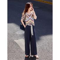 Bohemian Hollow Knit Top & Wide-Leg Pants Set L tamsiai mėlyna spalva