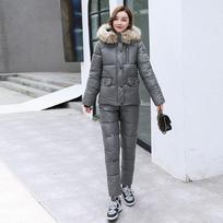 Moteriškas žieminis kombinezonas, kelnių komplektas, lauko drabužiai, moteriškas sniego paltas, parka, šilta medvilninė striukė, dviejų dalių kelnių komplektai L pilka