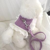 Drupy Dog Harness Pearl Lace Chest Strap Leash Set, Purple gray