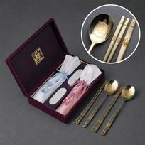 Korean Longevity Turtle 24K Gold Plated Sujeo Cutlery Set - STS304 Stainless Steel Spoon & Chopsticks for 2 with Gift Case black