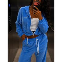 Womens Velvet-Feel Hooded Sweatshirt Straight Leg Pants Set Cotton Casual Tracksuit Streetwear Outfit Small mėlyna