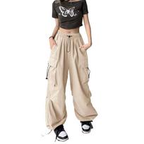 Moteriškos krovininės kelnės Hip Hop Baggy vienspalvės kelių kišenių elastingos juosmens derančios viršutinės laisvos, kvėpuojančios moteriškos kelnės L beige