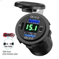 60W PD Dvigubas QC 3.0 USB įkroviklis su skaitmeniniu voltmetru, jungiklio lizdu, maitinimo lizdo adapteriu, atsparus vandeniui, 12V 24V Automobilio, Sunkvežimio, Motociklo žalia