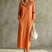 Women's Half Zip Hooded Long Sleeve Cotton Linen Dress with Cuffed Sleeves Vacation Resort XL oranžinė