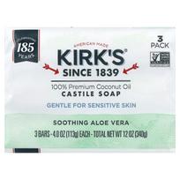 Kirk'S, 100% Premium Coconut Oil Castile Soap, Soothing Aloe Vera, 3 Bars, 113G (4Oz) Each white