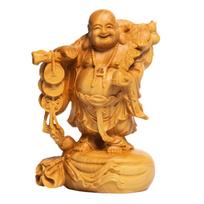 wooden carved Hotei Buddha figurine from one of the Seven Lucky 10cm Amulet for good fortune and High-quality boxwood, Gods, tall. dfjlwke. wealth. orange