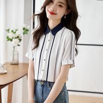 Women's Contrast Stripe Short Sleeve Button-Up Shirt S black