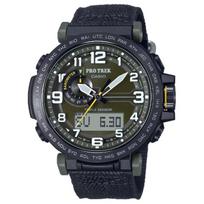 Casio 100M atsparus vandeniui Saulės energijos variklis Drobės dirželis Laikrodis Vyriški laikrodžiai Žalias PRG-601YB-3 Green Dial gray