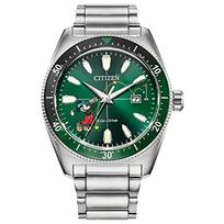Citizen Eco-Drive vyriškas Disney Pelėdos Mikės Tee Time nerūdijančio plieno laikrodis su žaliu ciferblatu, 3 rodyklėmis, datos rodikliu, švytinčiais elementais, 43 mm (Modelis AW1595-78W) black