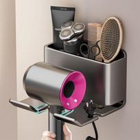 Wall-Mounted Hair Dryer Holder with Storage Shelf gray